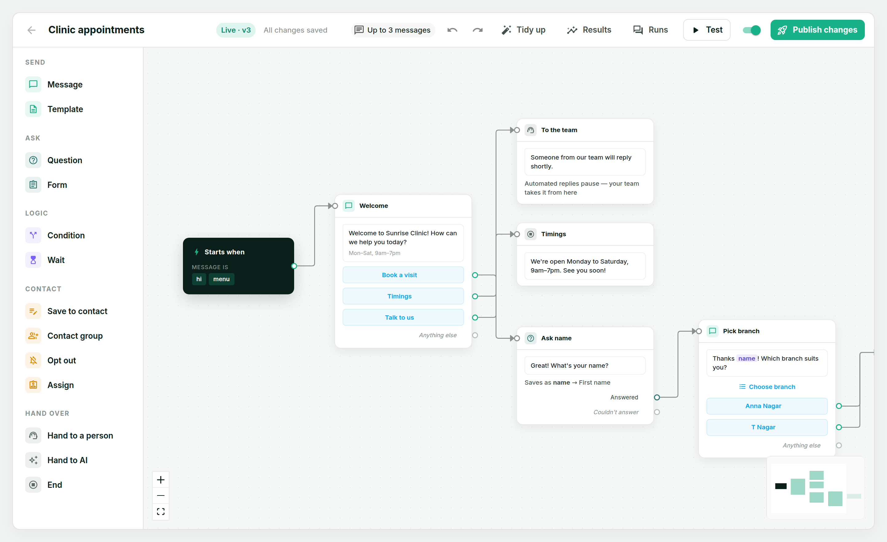 The chatbot canvas: a palette of step types on the left, a dark 'Starts when' box, a welcome message with three buttons, and lines leading from each button to the next step