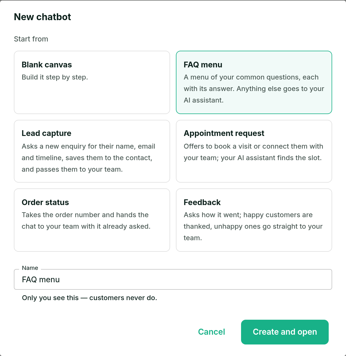 The New chatbot dialog with six cards — Blank canvas, FAQ menu, Lead capture, Appointment request, Order status and Feedback — and a name field