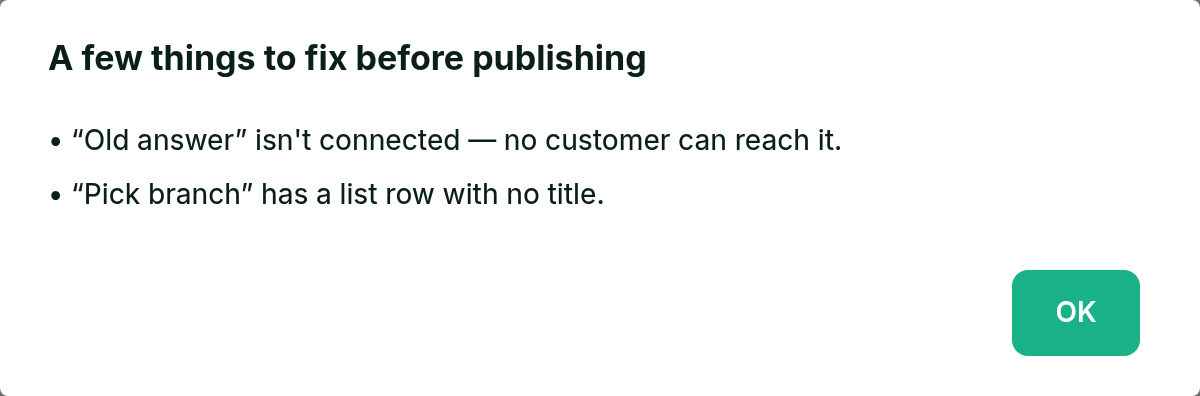 A dialog titled 'A few things to fix before publishing' listing a step that isn't connected and a list row with no title