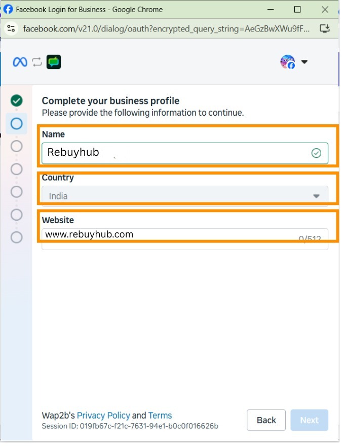 Meta's Complete your business profile step with name, country and website filled in