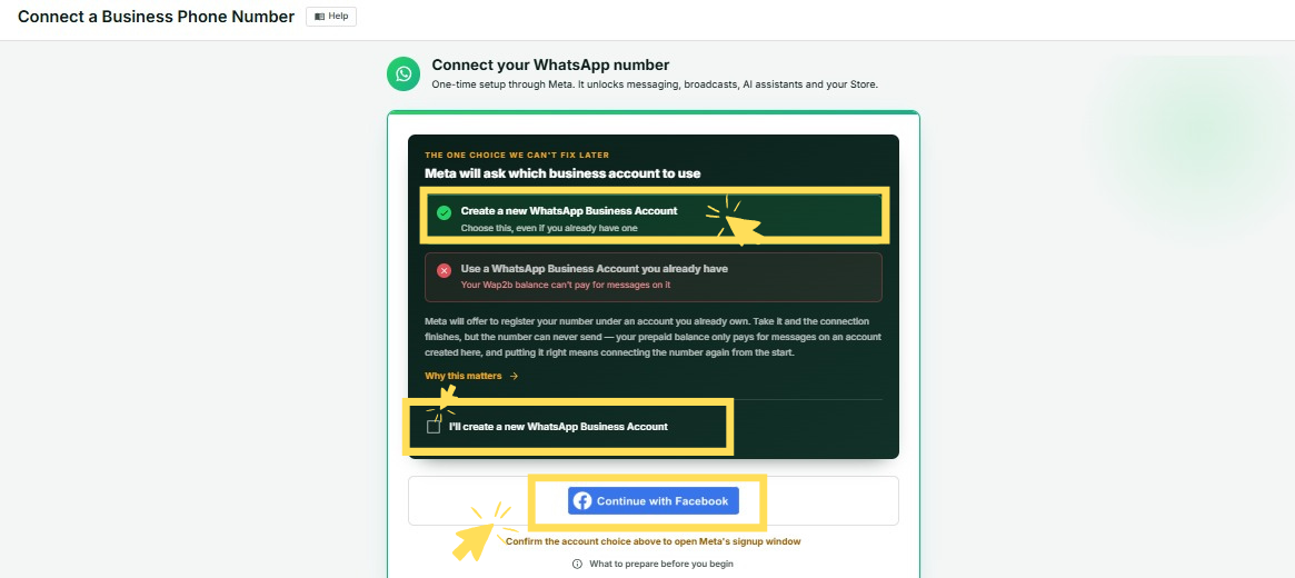 The connect screen explaining that a new WhatsApp Business Account must be created, with the confirmation checkbox