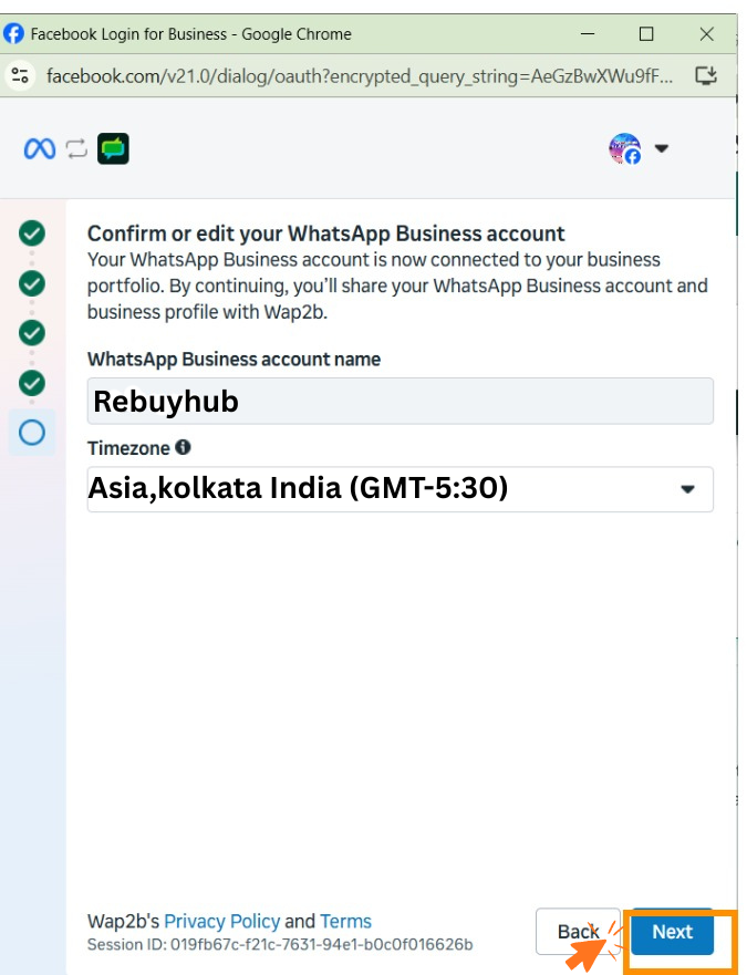Meta's Confirm or edit your WhatsApp Business account step showing the account name and a time zone dropdown