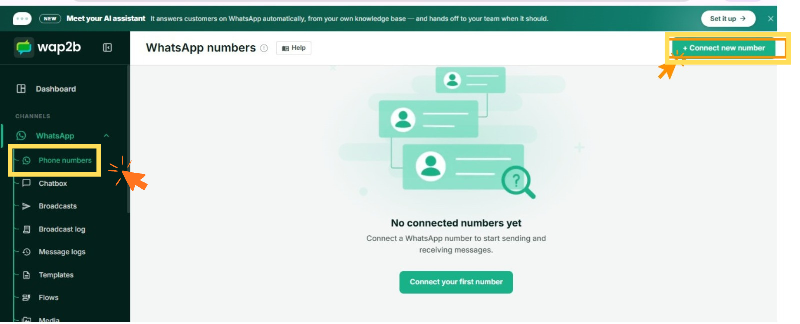 The WhatsApp numbers page showing the empty state and the Connect new number button
