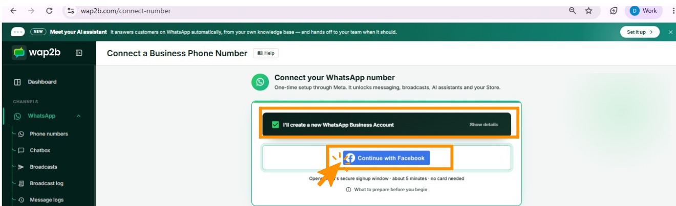 The connect screen with the account choice confirmed and the Continue with Facebook button active