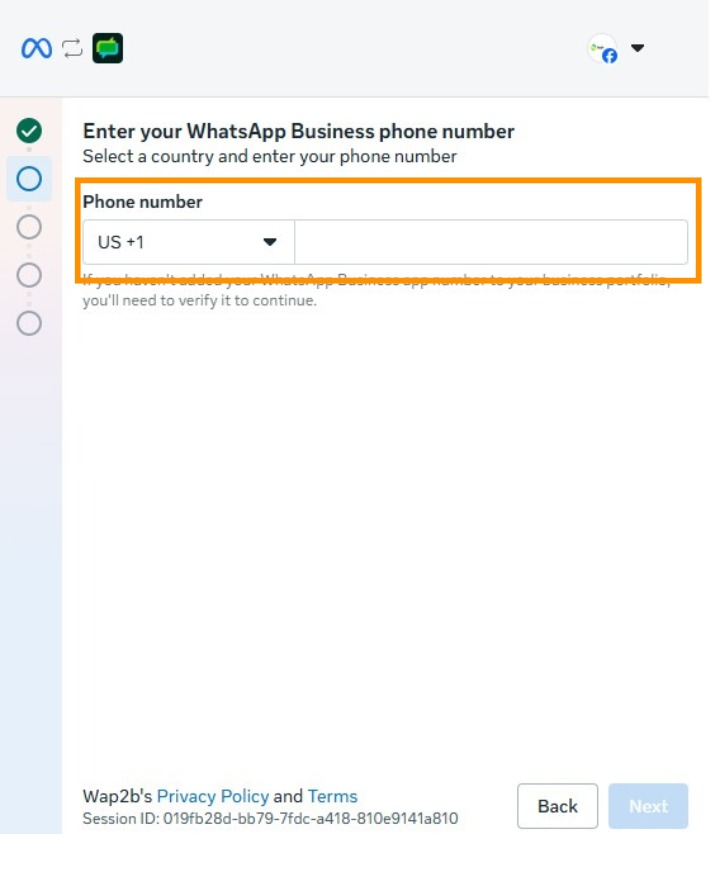 Meta's phone number step with the country selector defaulted to US +1 and the number field empty