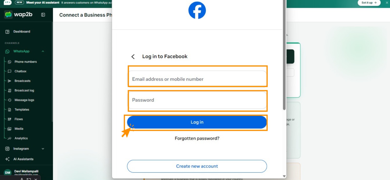 Meta's Log in to Facebook dialog with the email and password fields