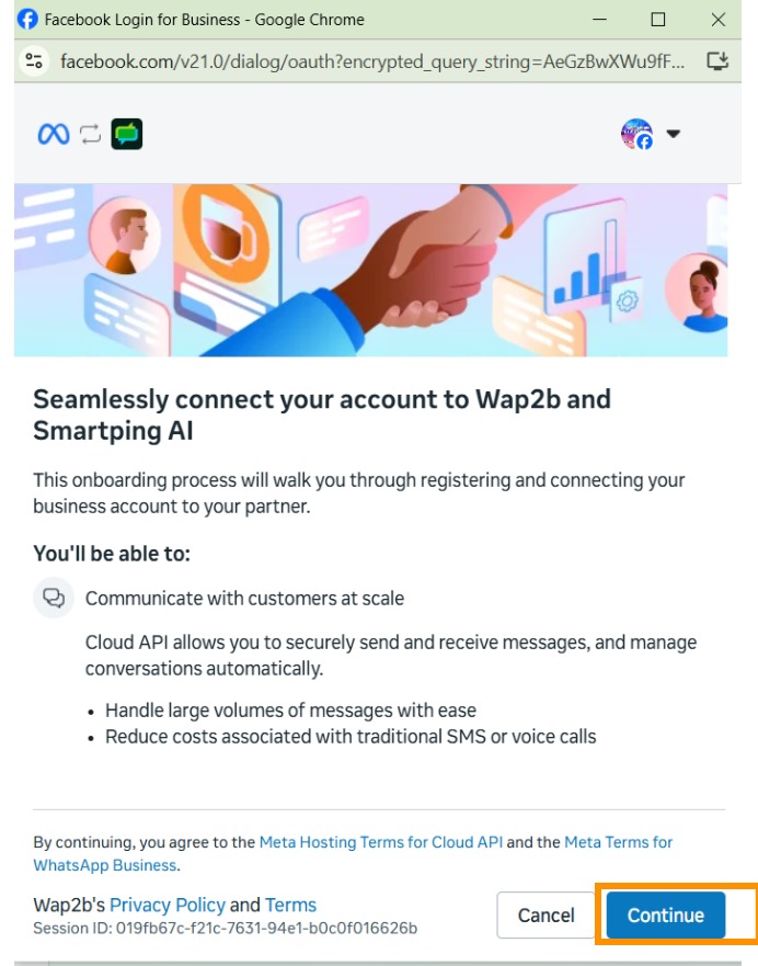 Meta's onboarding intro screen naming Wap2b and Smartping AI, with the Continue button
