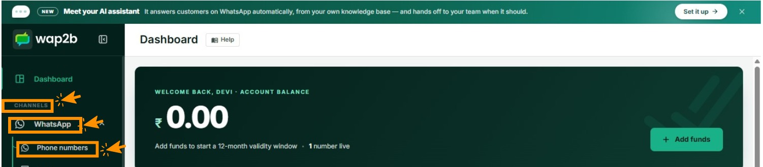 The Wap2b sidebar with Channels, WhatsApp and Phone numbers highlighted