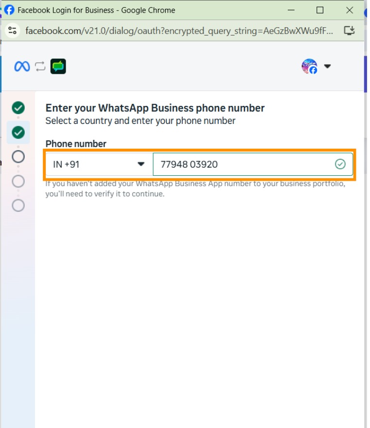 The same step with the country set to IN +91 and the number entered, showing a green tick