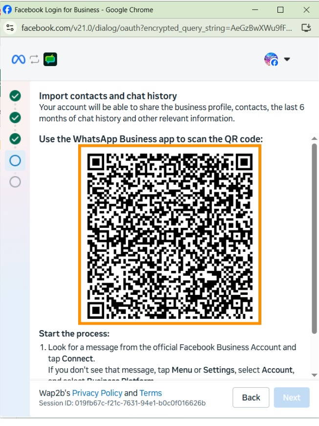 Meta's Import contacts and chat history step showing a QR code to scan from the WhatsApp Business app
