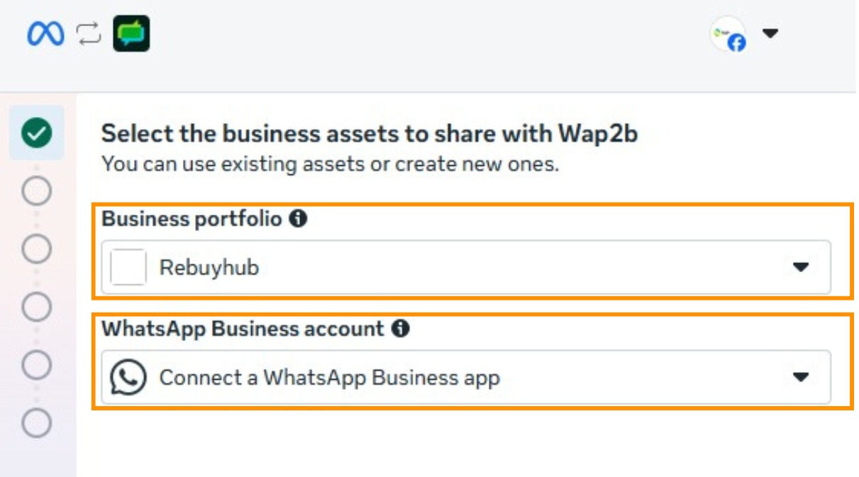 Meta's asset sharing step with the WhatsApp Business account dropdown set to Connect a WhatsApp Business app