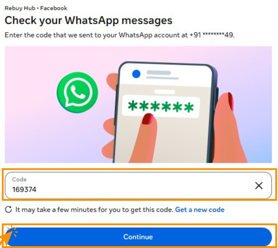 Meta's Check your WhatsApp messages screen with the six-digit code entered