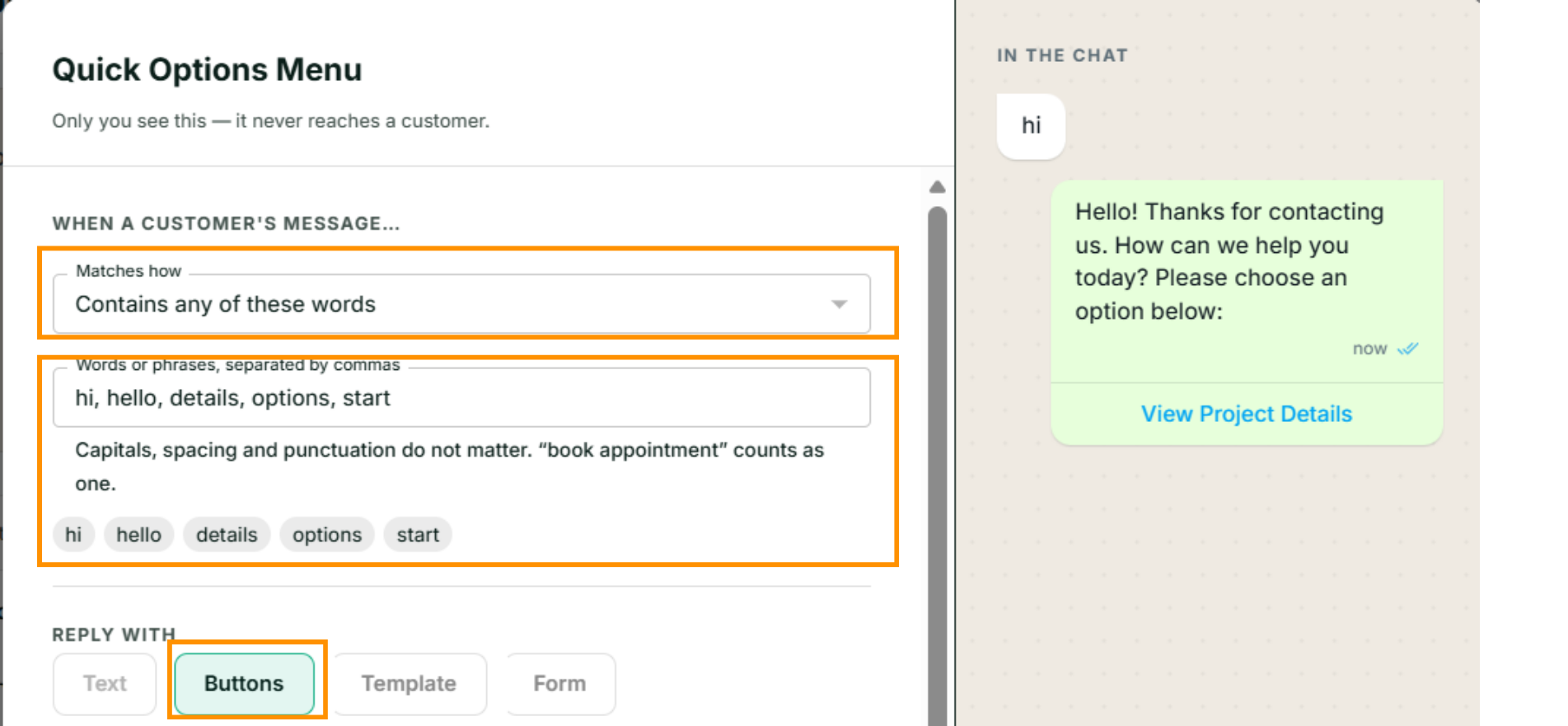 An answer named Quick Options Menu matching on hi, hello, details, options and start, with the Buttons pill selected under Reply with, and a preview showing a greeting message with a View Project Details button