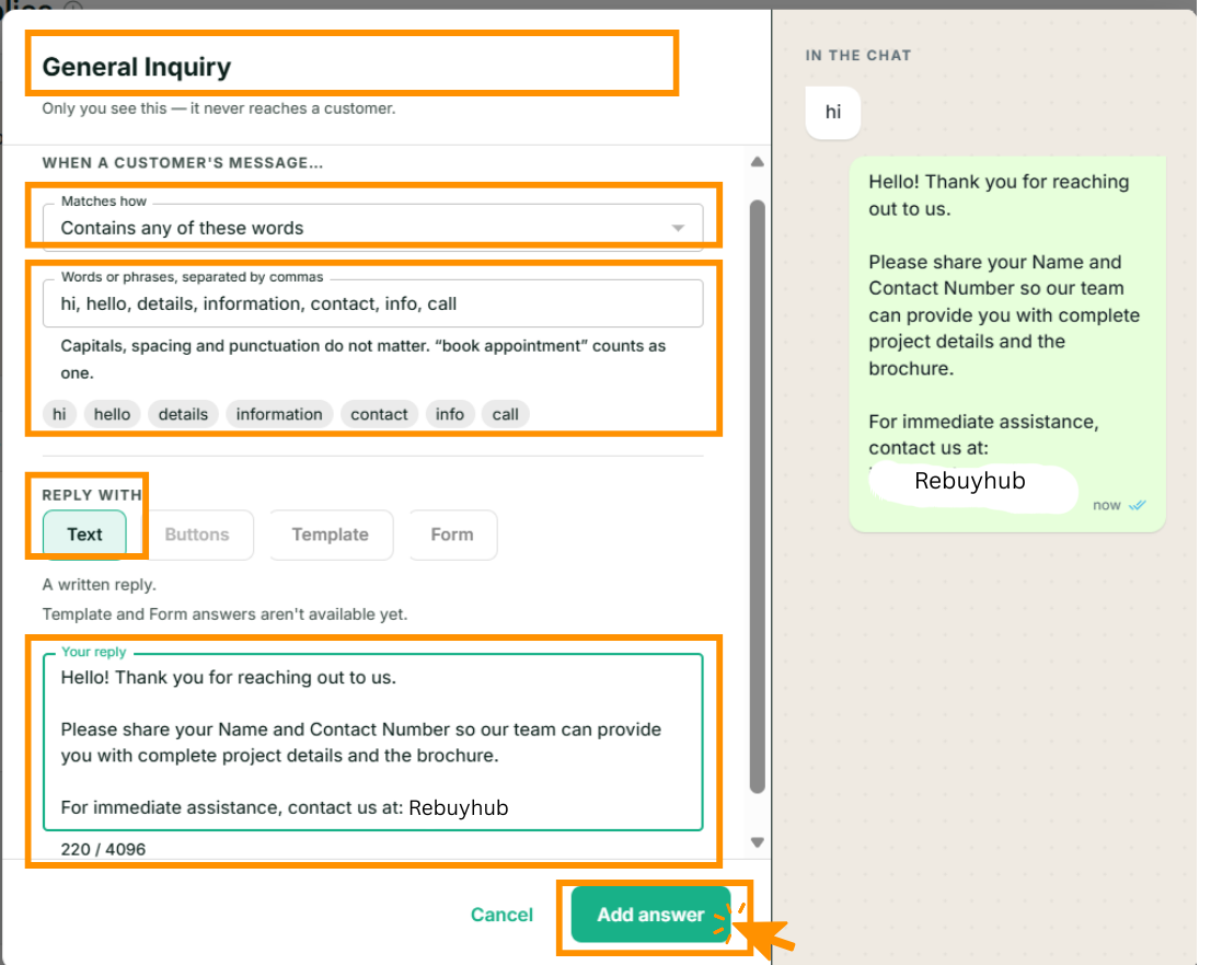 The new answer dialog: a name of General Inquiry, Matches how set to Contains any of these words, seven keywords listed as chips, the Text reply kind selected, a written reply in the box, and a live WhatsApp preview beside it