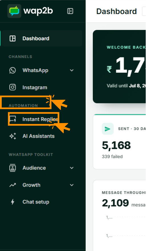 The Wap2b sidebar with an Automation heading and the Instant Replies item highlighted beneath it