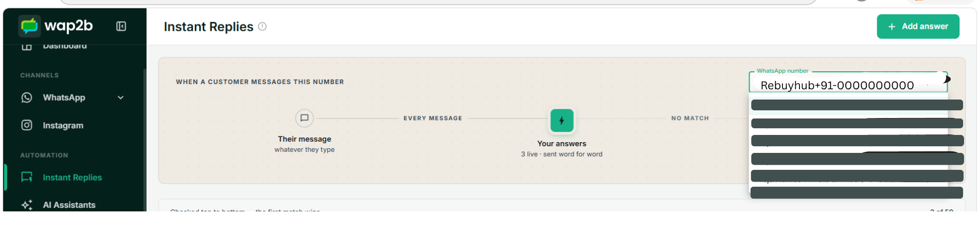 The WhatsApp number dropdown at the top right of the Instant Replies page, open, listing the account's connected numbers