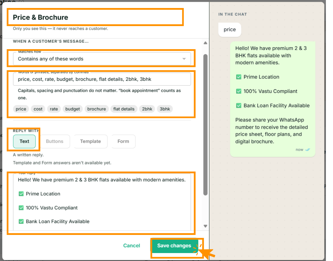 An answer named Price and Brochure being edited, matching on price, cost, rate, budget, brochure, flat details, 2bhk and 3bhk, with a written reply listing the property's features, and a Save changes button