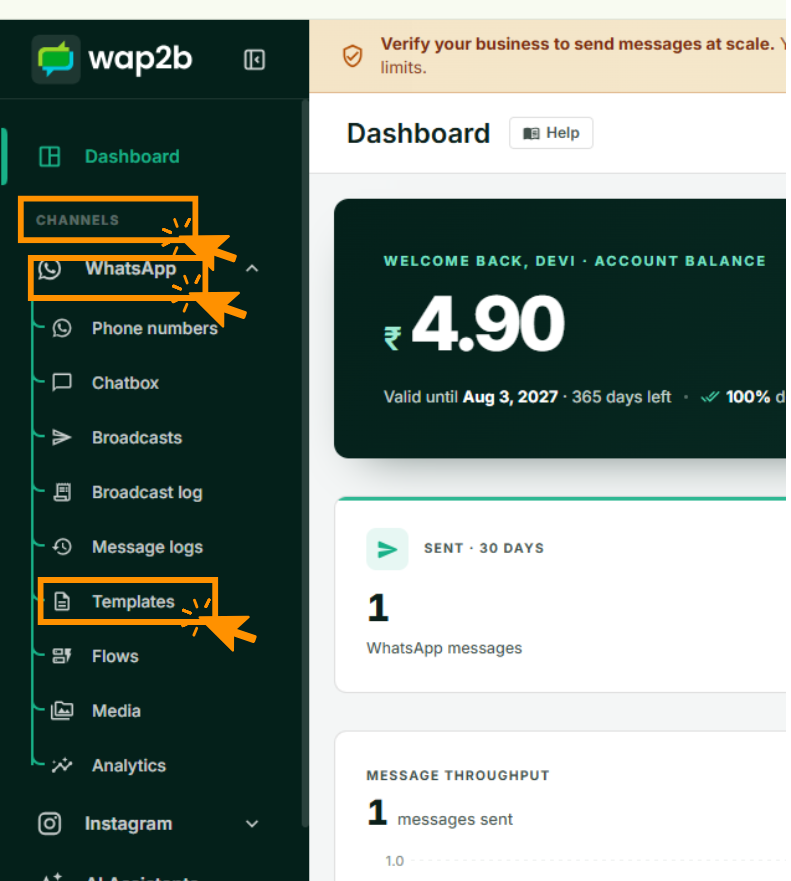 The Wap2b sidebar with Channels, WhatsApp and Templates highlighted